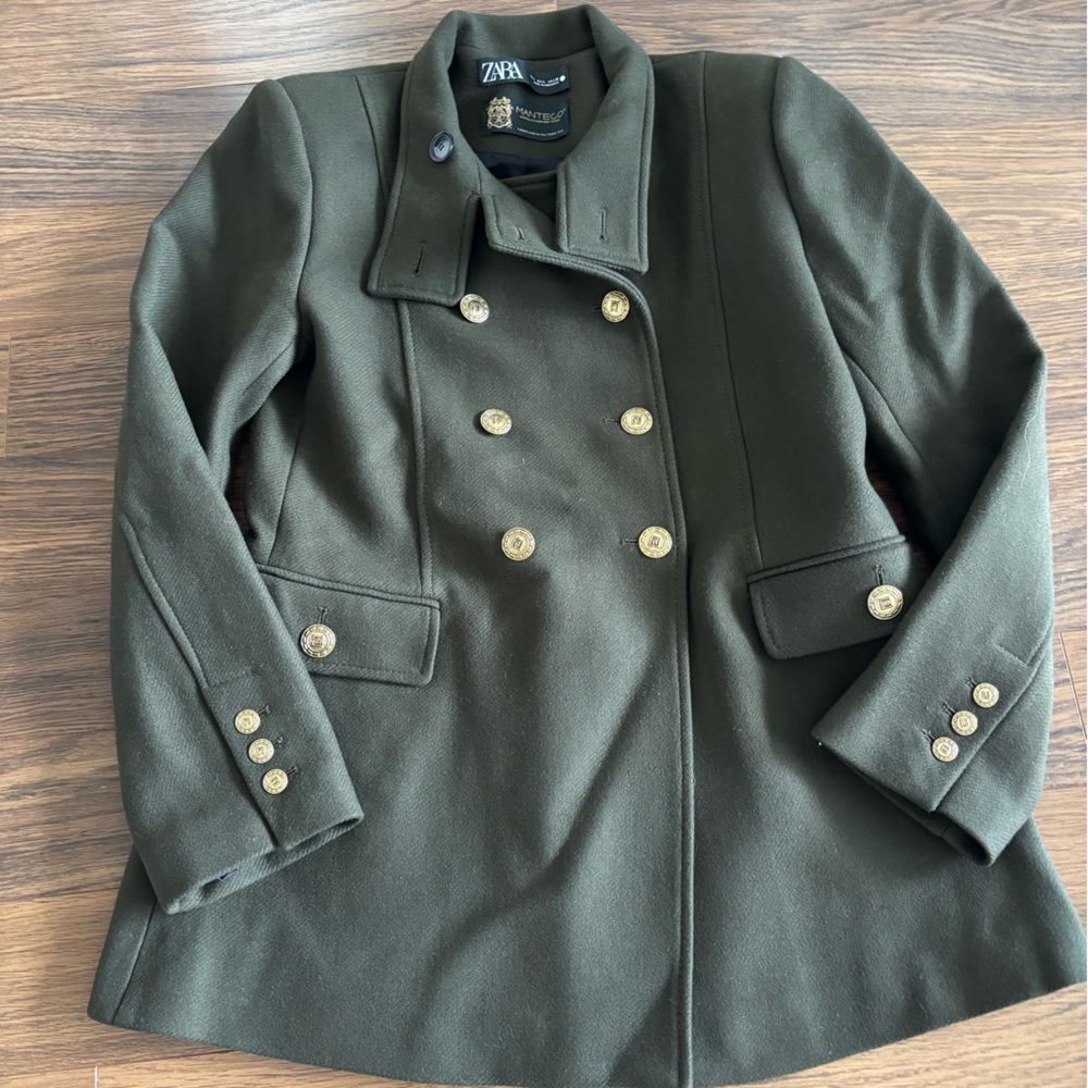 Zara Army Green Double-Breasted Pea Coat